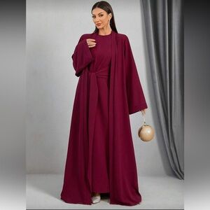 Elegant Burgundy Maxi Dress with Long Coat